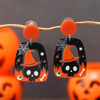 8 pairs of Halloween flame demons, cute little ghosts, acrylic earrings, skull heads, alien spaceships, pumpkin ghosts Good Vibrations