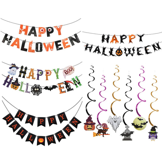 Halloween Party Paper Garland Bat Pumpkin Banner 2025 Happy Halloween Party Decoration for Home Trick or Treat Hanging Pendants Good Vibrations