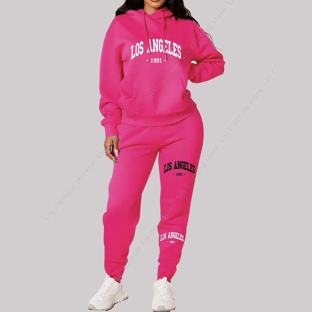 Women Sets Hoodies Pants 2 Piece Outfits Aesthetic Sportswear Sweatsuit Los Angeles Letter Print Suit Ladies Tracksuit Plus Size Good Vibrations