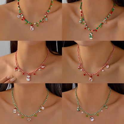 Christmas Necklaces for Women Girls Handmade Rice Beads X'mas Tree Santa Claus Snowman Gift Necklace Pendant New Year Jewelry Good Vibrations