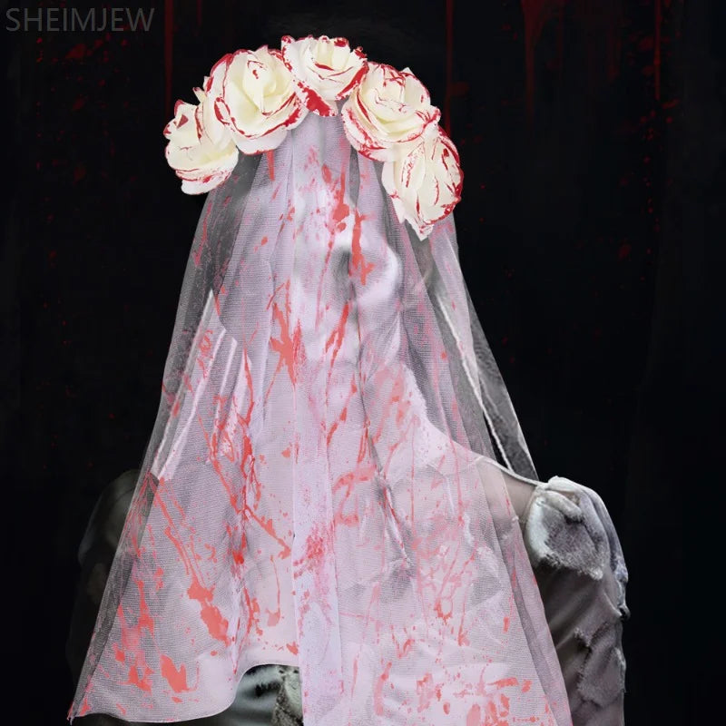Halloween Gothic Bridal Veil Flower Headdress Bloody Mask Weird Role Playing Accessories Adult Horror Theme Party Costume Props Good Vibrations