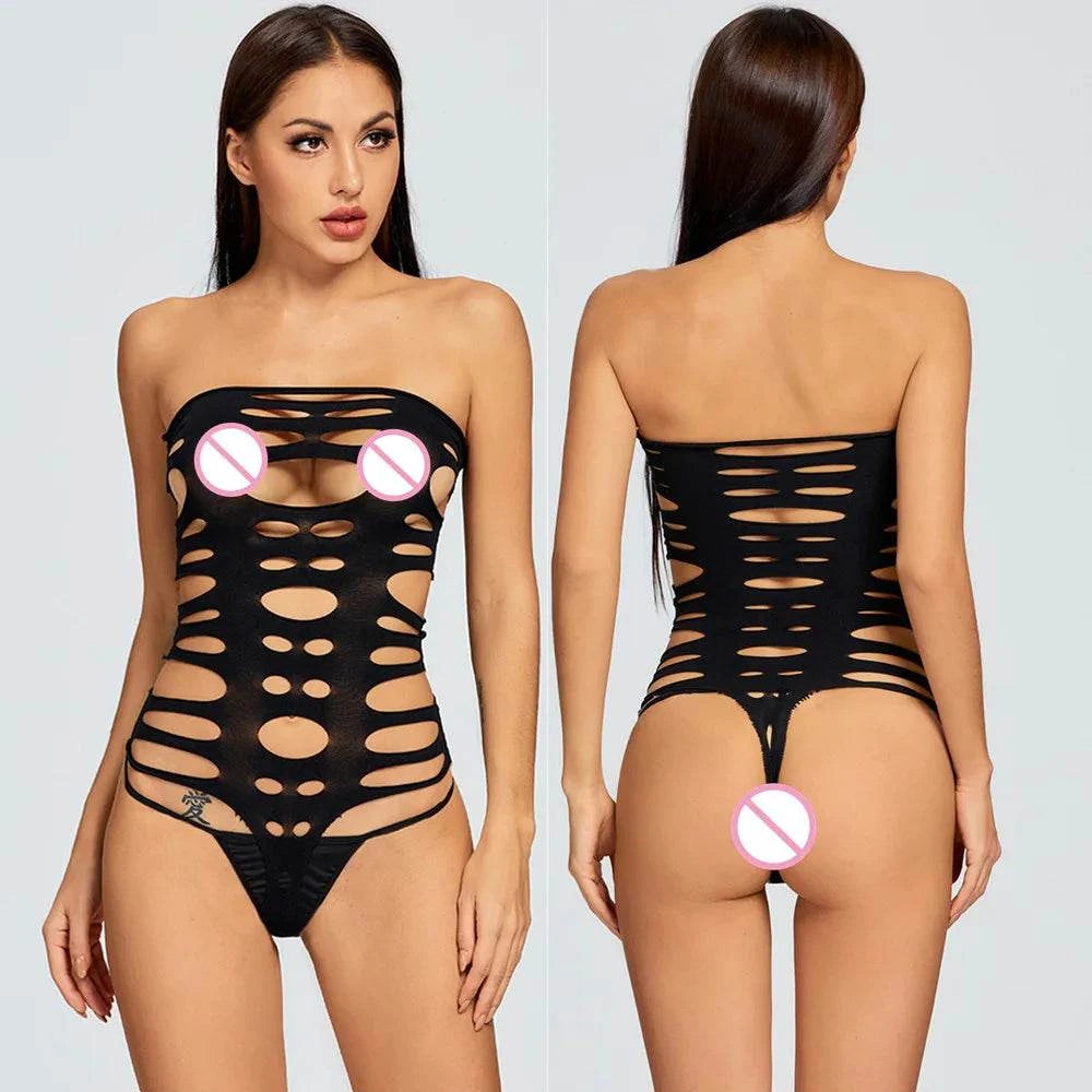 Sexy mesh bodysuit with hollow out design for women, perfect for intimate occasions.