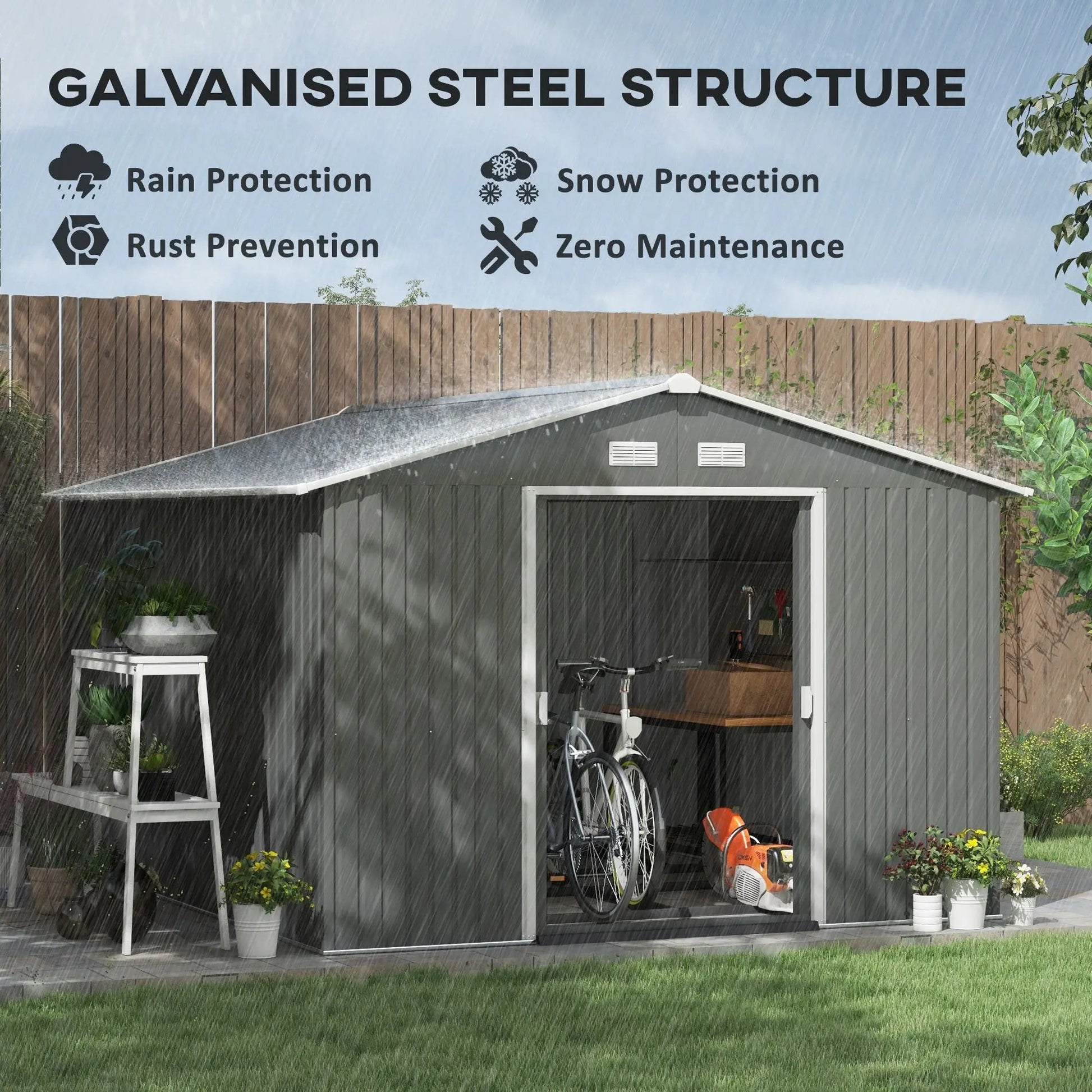 11' x 9' Metal Storage Shed Garden Tool House with Double Sliding Doors, 4 Air Vents for Backyard, Patio, Gray Good Vibrations