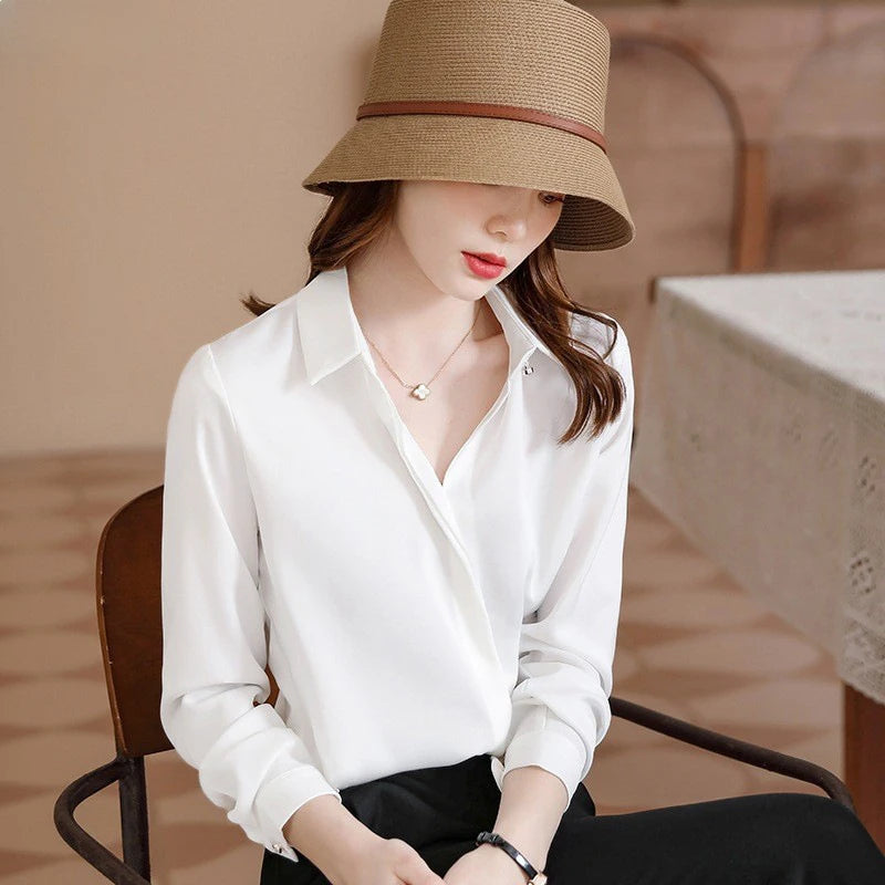 Red Women Shirt New Korean Fashion Women Clothing OL Satin Blouse for Women Long Sleeved Women's Shirt Basic Elegant Women Tops Good Vibrations