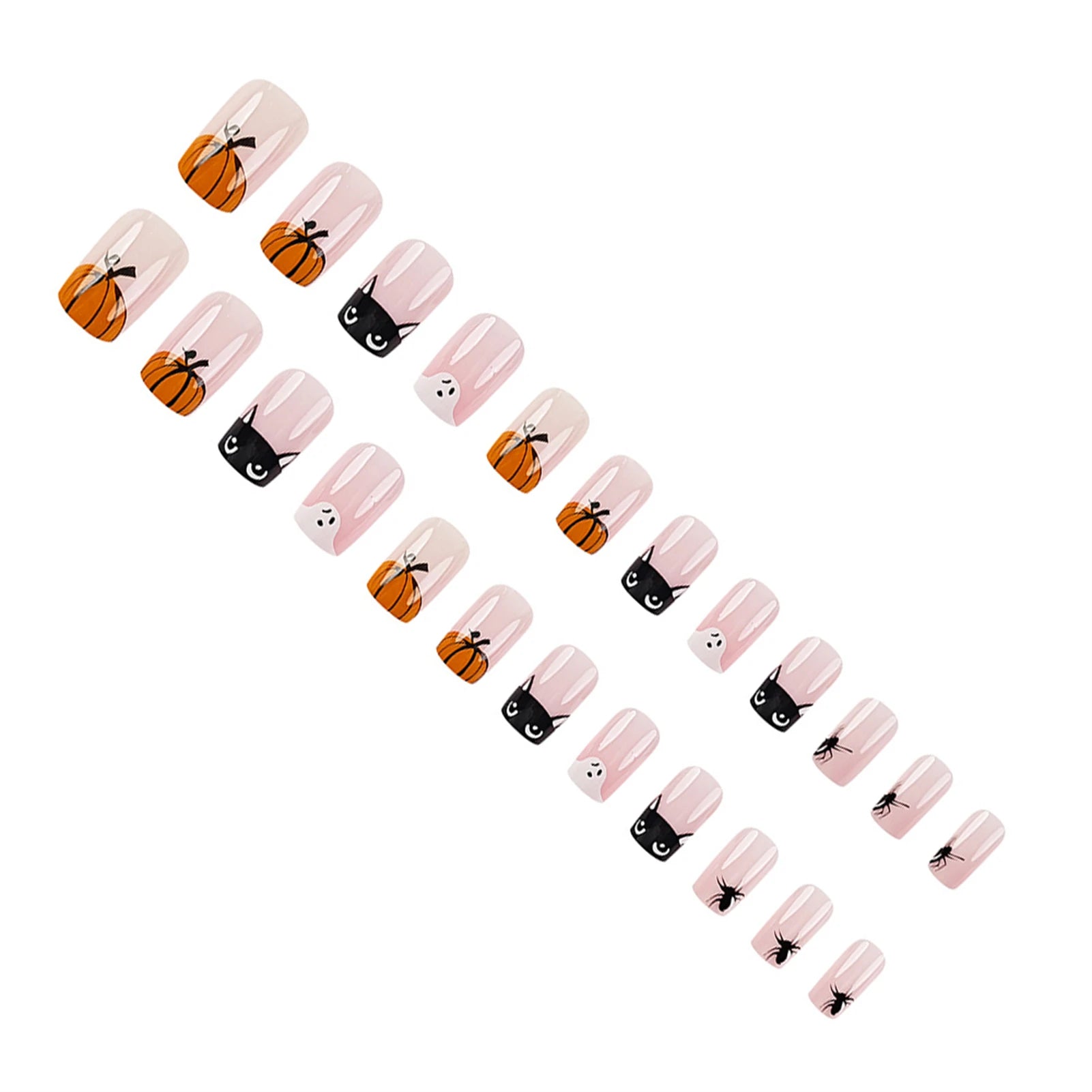 24pcs Halloween Cute Cartoon French Fake Nails Nude Pink Square Press On Nails With Pumpkin Ghost Designs Professional Nail Art Good Vibrations