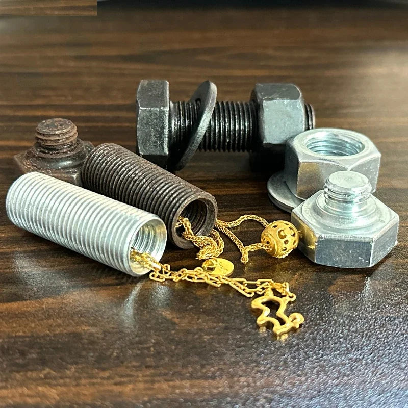 Metal screw bolt storage container with hidden compartment for cash and small valuables.
