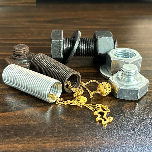 Metal screw bolt storage container with hidden compartment for cash and small valuables.