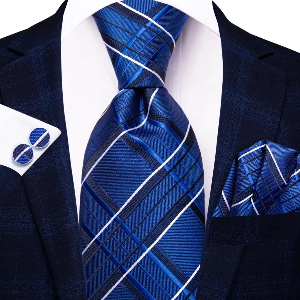 Hi-Tie Navy Blue Solid Paisley Silk Wedding Tie For Men Hanky Cufflink Mens Necktie Set Business Party New Design Dropshipping Good Vibrations