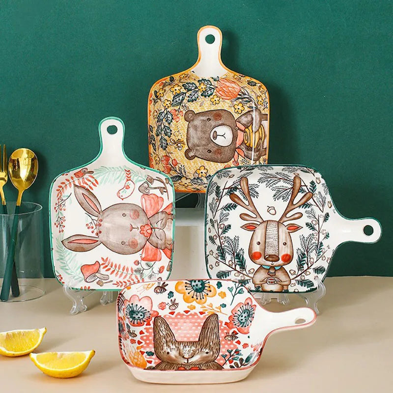Ceramic Bakeware With Handle Forest Animals Baking Pan  Underglaze  Kitchen Tableware Salad Bowl Au Gratin Dishes Good Vibrations