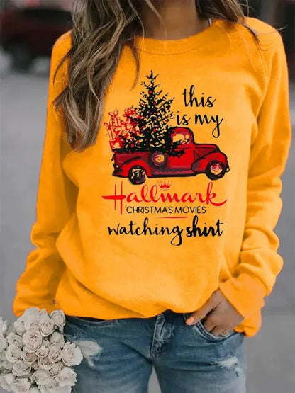 Christmas Tree Car Printed Long Sleeve Collar Loose Round Neck Hoodie Winter Autumn Graphic T Shirts  Women Clothing Good Vibrations