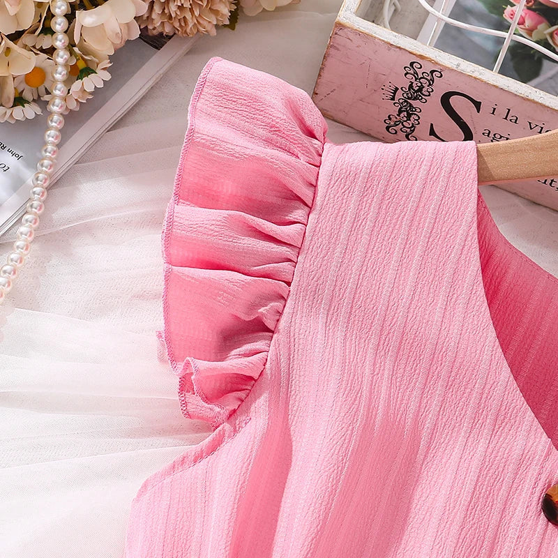 Kids Dresses for Girls 8-12 Years Pink Small Flying Sleeves V-Neck Dress 2024 New Summer Teenager Sweet Casual Daily Dress Good Vibrations