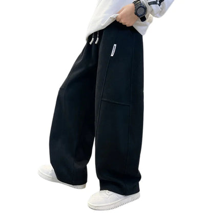 2026 New Spring Casual Kids Pants Black Elastic Waist Straight Leg Sweatpants for Boys Loose Pocket Children Trousers Good Vibrations