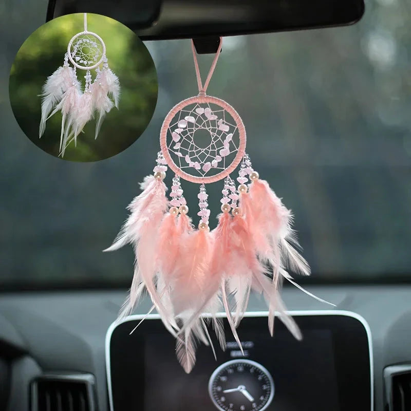 Car Ornament Interior Accessories Dream Catcher Car Pendant for Girls Feather Crystal Mirror Hanging Pendant Home Decor Lucky Good Vibrations