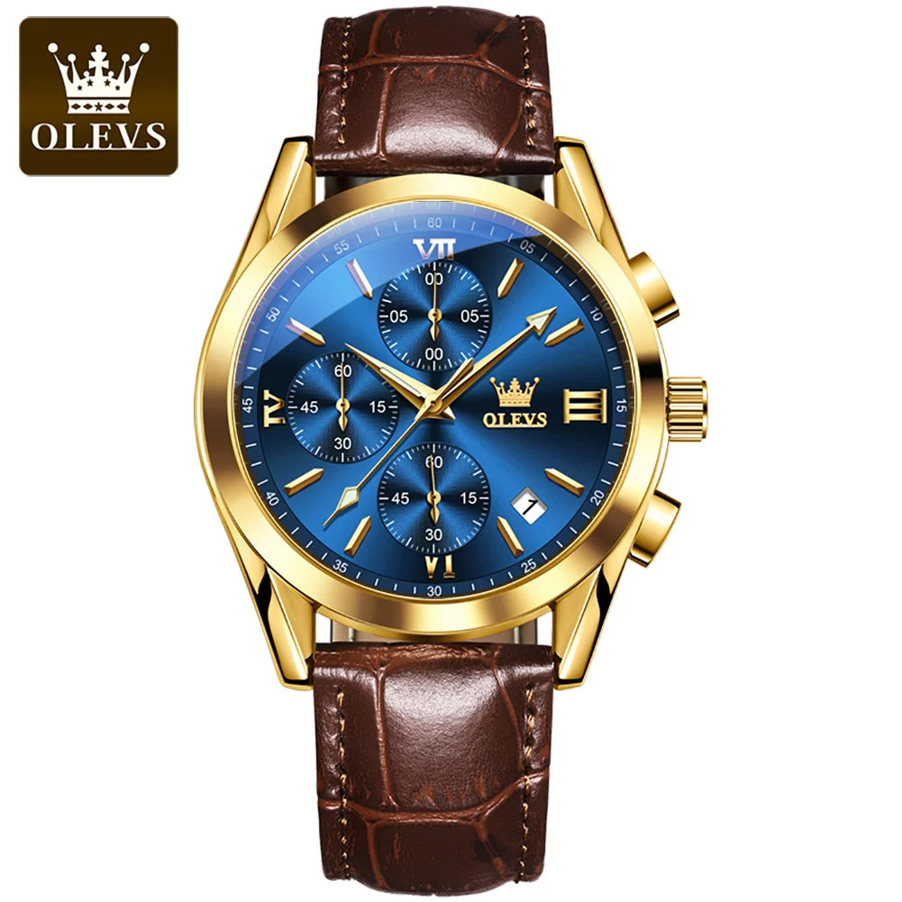 OLEVS 2872 Chronograph Men's Wristwatches Leather Strap Waterproof Luminous Original Quartz Watch for Men Luxury Sport Man Watch Good Vibrations