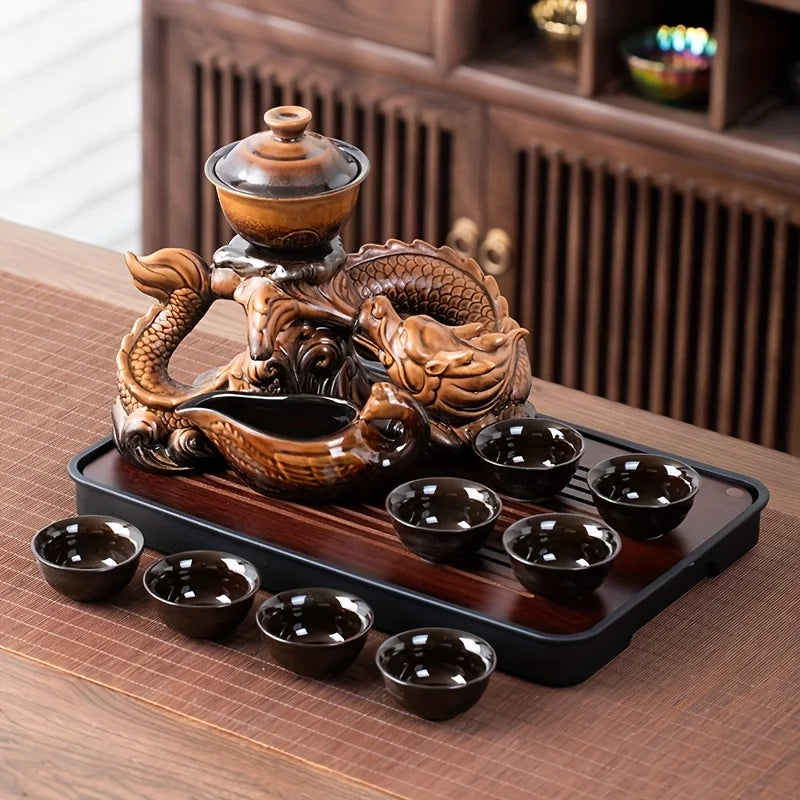 Coiling Dragon Ceramic Teapot Set - Rotating Spout Lazy Brewer , Effortless Pouring, Premium Tea Ritual Collection Good Vibrations