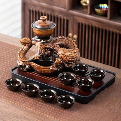 Coiling Dragon Ceramic Teapot Set - Rotating Spout Lazy Brewer , Effortless Pouring, Premium Tea Ritual Collection Good Vibrations
