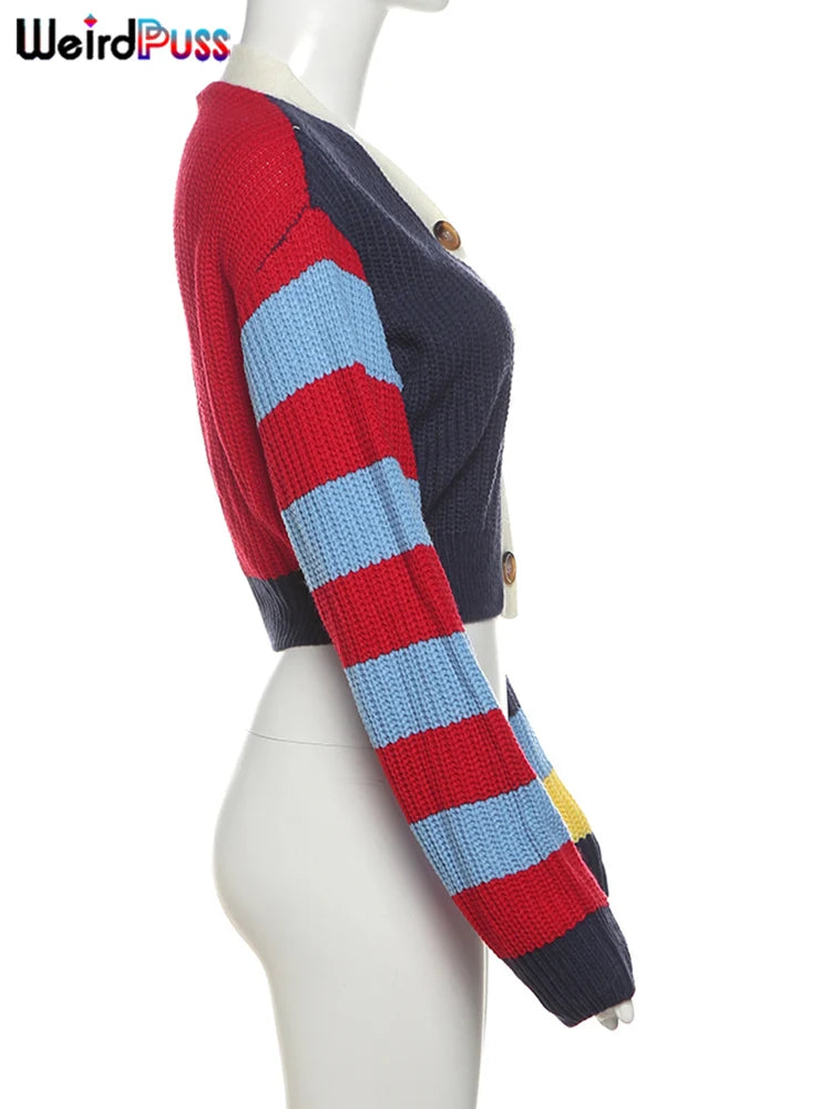 Weird Puss Y2K Cardigan Sweater Women Letter Print Casual Wild V-Neck Button Colorful Patchwork Street Trend Hipster Knit Coat Good Vibrations