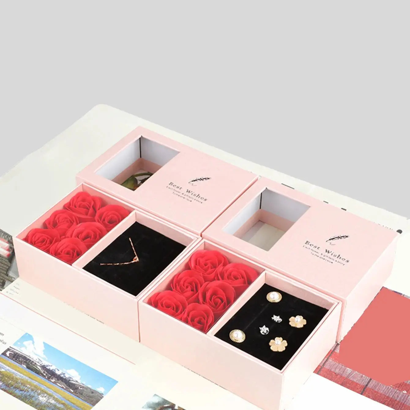 1Set 6 Rose Gift Box Window Jewelry Box Ring Box Necklace Earrings Thanksgiving Valentine Gift Box (No Jewelry) Good Vibrations