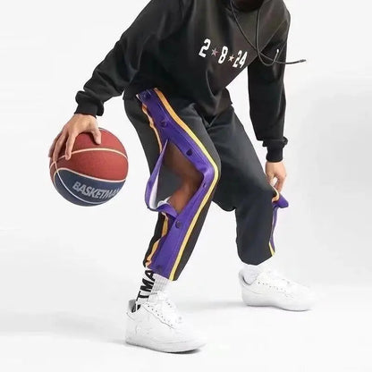 Harajuku Fashion Sports Men Pants Daily Outdoor Basketball Sweatpants Hollow Out Side Stripe Button Fly Design Creative Trousers Good Vibrations