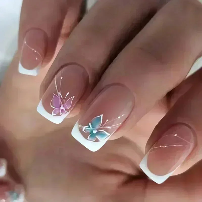 24Pcs Short Square Coffin False Nails Square Fake Nails with Glue French Glitter Wearable Acrylic Nails Set Press on Nail Tips Good Vibrations