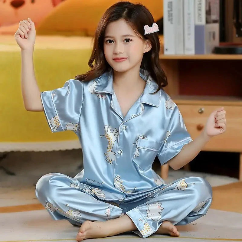 New Kids Spring Autumn Silk Satin Pajamas Set Girls Cartoon Button-Down Long Sleeve 2 Pieces Tops+Pants Sleepwear Pyjama Clothes Good Vibrations