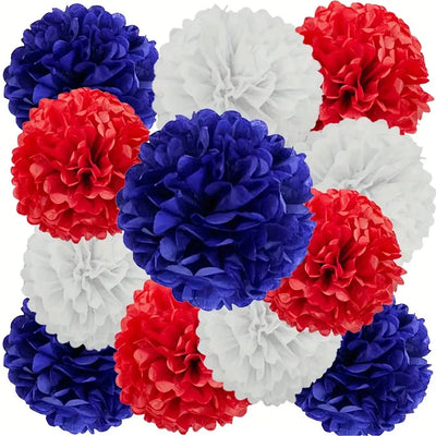 12pcs Red, Blue and White Party Decoration Ceiling Wall Hanging Tissue Flowers Decorations for Wedding Independence Day