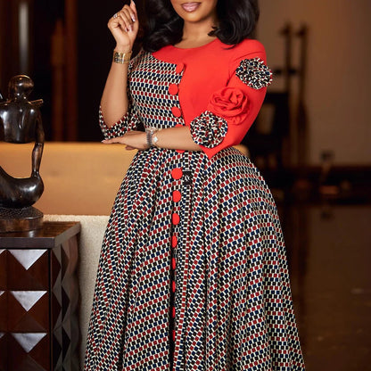 Elegant Dresses for Women 2025 Fall Fashion African 3/4 Sleeve Party Birthday New Robe Chic 3D Flower Plaid Evening A-Line Dress Good Vibrations