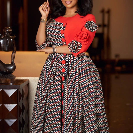 Elegant Dresses for Women 2025 Fall Fashion African 3/4 Sleeve Party Birthday New Robe Chic 3D Flower Plaid Evening A-Line Dress Good Vibrations