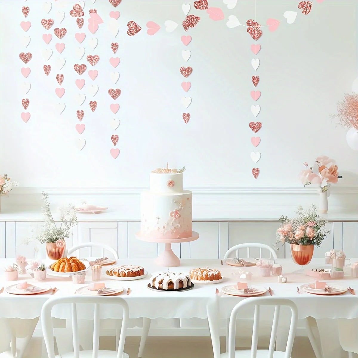 1pc Rose-Golden Pink White Party Decorations - Paper Heart Streamers Garland Galentines Valentines Day Decorations Good Vibrations