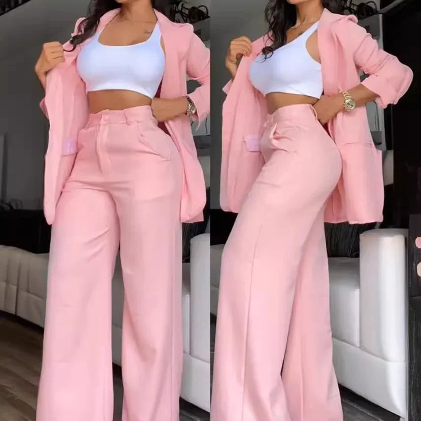 Women Pant Sets Two Piece Set Pants Turn Down Collar Single Breasted Tracksuit Outerwear Ankle Length Straight Pockets Loose Good Vibrations