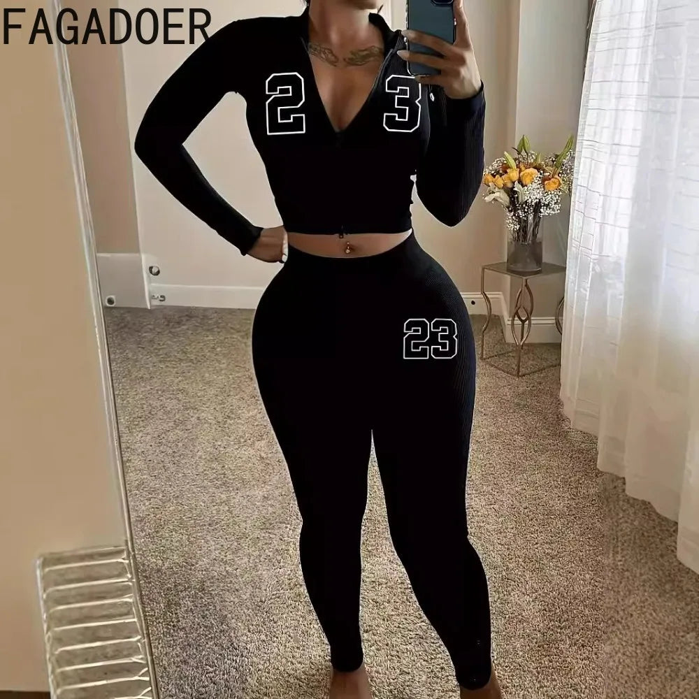 FAGADOER Letter Print Casual 2 Piece Sets Outfit Black Long Sleeve Zip Crop Top and Leggings Suit Sporty Jogger Street Wear Fall Good Vibrations
