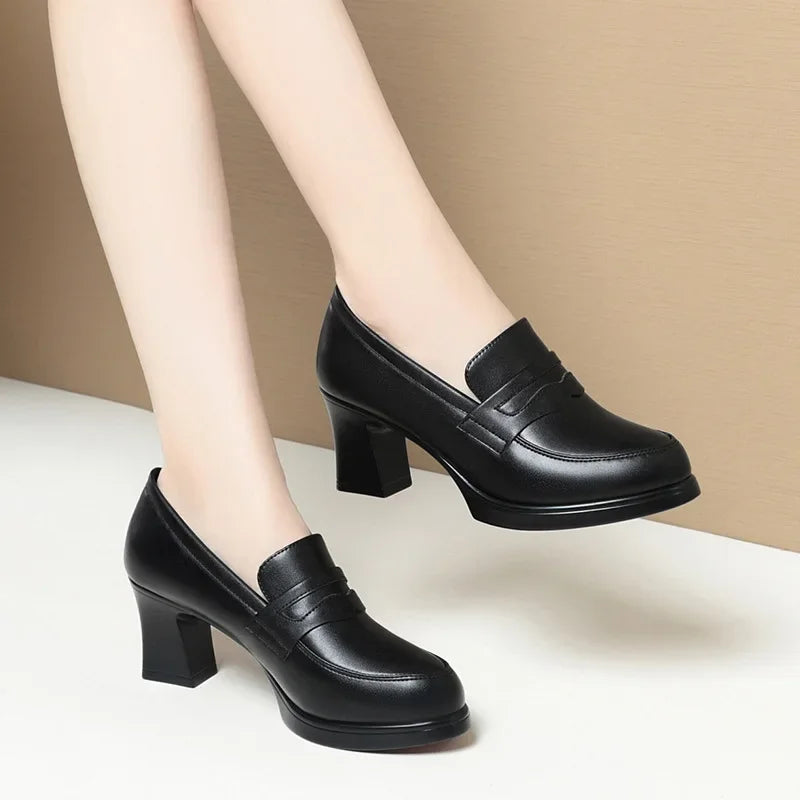 High Heels for Women 2025 Spring Slip on Pointed Toe Platform Heels Chunky Loafers Woman Black PU Leather Uniform College Shoes Good Vibrations