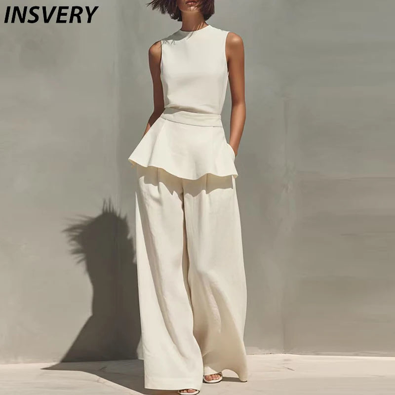Office Lady Outfits Women Fashion Two Piece Set Summer Sleeveless O Neck Vest Sleeveless Shirt High Waist Pants Suit Work Wear Good Vibrations