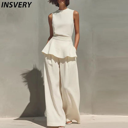 Office Lady Outfits Women Fashion Two Piece Set Summer Sleeveless O Neck Vest Sleeveless Shirt High Waist Pants Suit Work Wear Good Vibrations