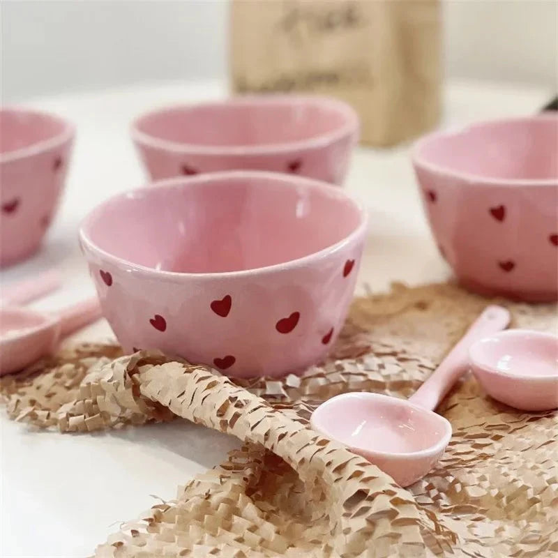 Pink Love Cutlery Set Rice Bowl Household Ceramic Double Ear Instant Noodle Soup Bowl Hand Paired Spoon Combination Noodle Bowl Good Vibrations