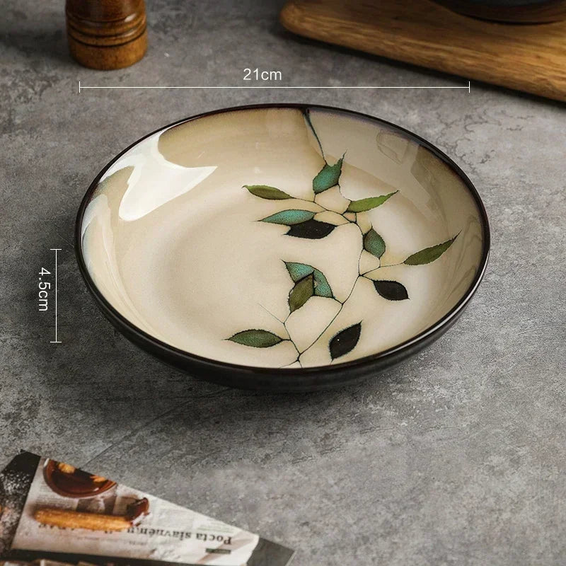 Creative Leaf Round Dinner Plate Retro Home Ramen Bowl Luxury Restaurant Delicious Dishes Ceramic Plates Exquisite Tableware Good Vibrations
