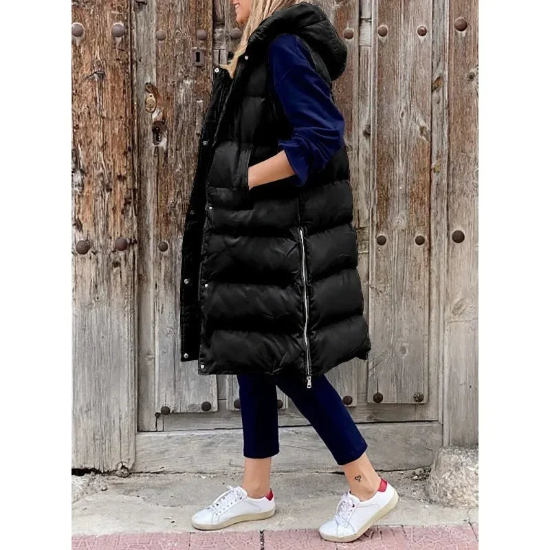 Women Autumn Winter Hooded Vest Coats Outwear Jacket Single-breasted Sleeveless Warm Solid Color Coats Parka Good Vibrations