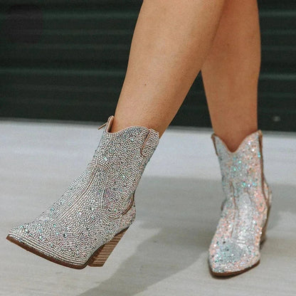 Western Cowboy Boots Fashion Women Ankle Boots Glitter Bling Shiny Trend High Heels High Quality Sexy Shoes Botas De Mujer 2024 Good Vibrations