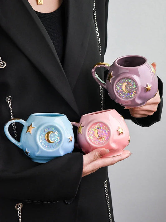 Ceramic Starry Sky Cup Sparkling Cup with High Appearance, Colorful Stars, Creative Birthday Gift, Mug with Hand Gift, Water Cup Good Vibrations Adult Super Store