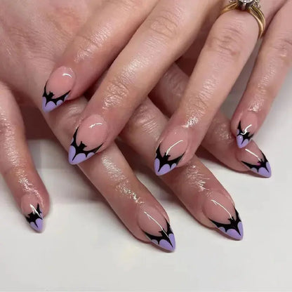 24Pcs Halloween False Nails with Almond Head Design Mid-length French Fake Nails Bat Wearable Oval Press on Nails Manicure Tools Good Vibrations