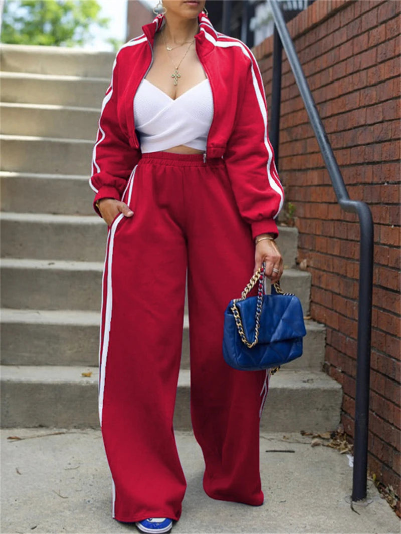Street 2 Piece Sets Women Outfit Fall Clothes 2024 Women Side Stripe Crop Top + Pant Sets Casual Tracksuits Set Woman Sweatsuits Good Vibrations