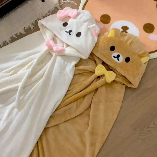 Kawaii Rilakkuma Warm Bear Brother Bear Sister Cloak Hooded Shawl Office Nap Blanket Relaxed Bear Blanket To Give Friends Gifts. Good Vibrations