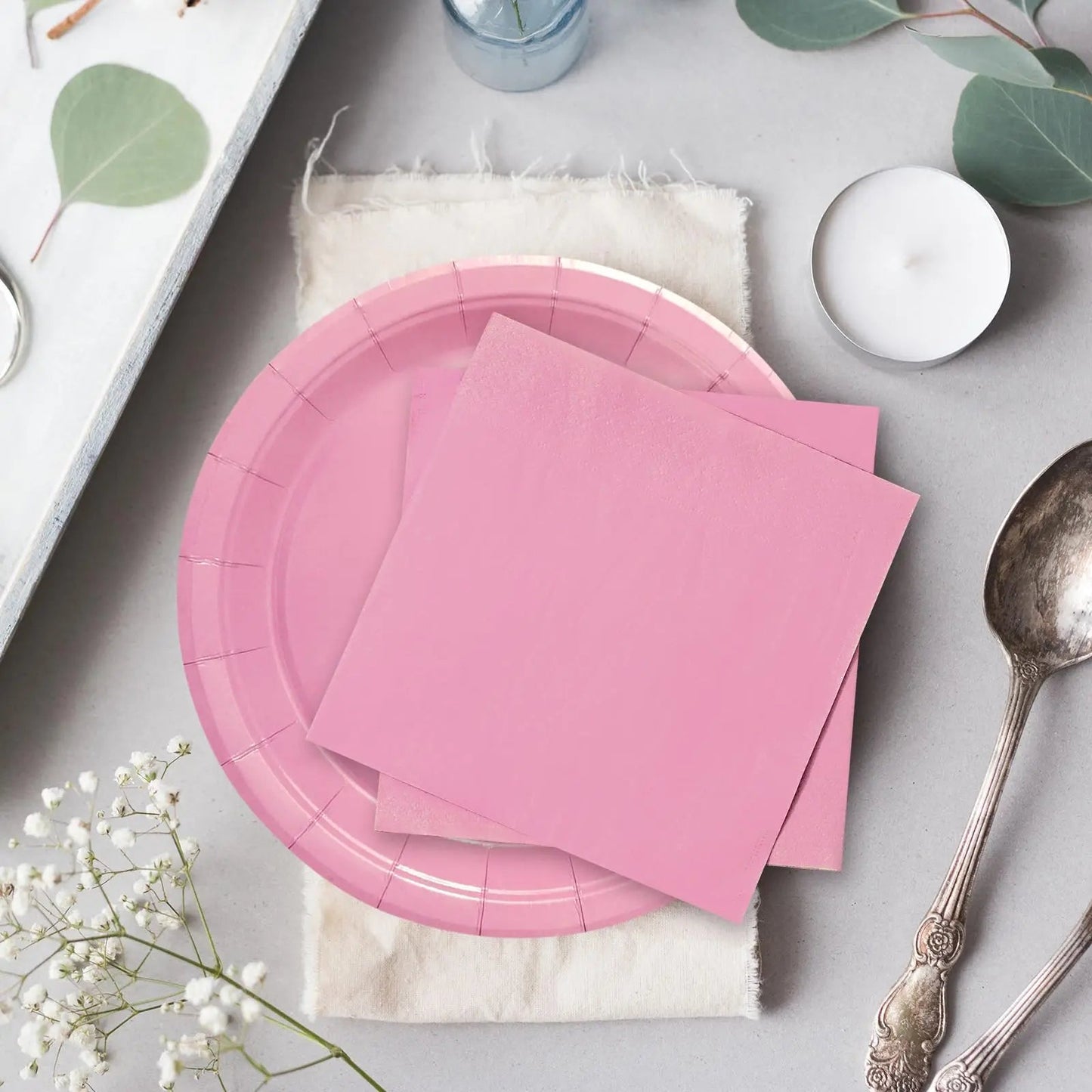 Solid Color Party Set Light Pink Tableware Paper Cup Paper Plate Tablecloth Wedding Birthday Bride Party Supplies Decorations Good Vibrations