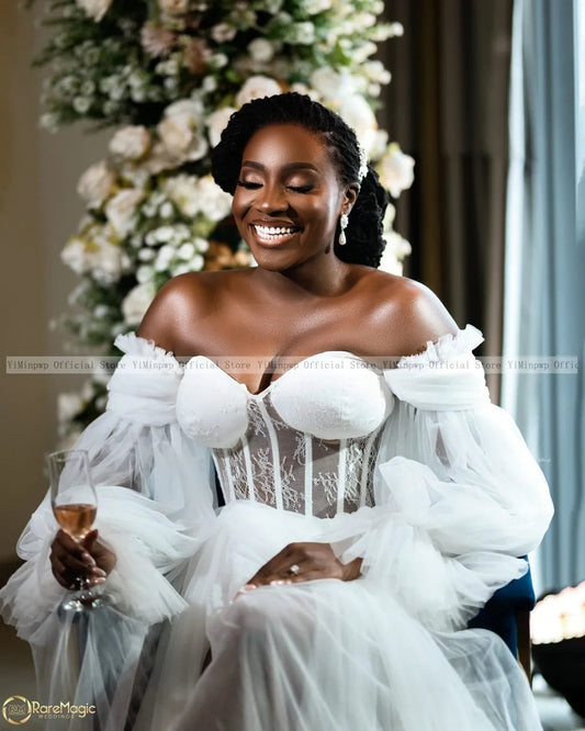 White Bride Robes for Wedding Tulle Lace Bridal Shower Dresses Off Shoulder Long Sleeve Side Split Sweep Train A Line Customized Good Vibrations
