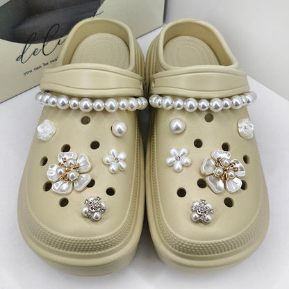 12pcs Luxury ABS Pearl Rose Flower Chain Charms for Crocs Decoration Suitable for Clogs Bogg Beach Bags Party Gift Idea Good Vibrations