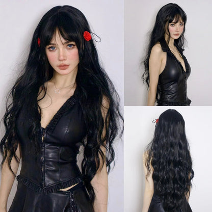 Wine Red Burgundy Synthetic Wigs for Women Long Curly Wave Cosplay Party Red Wigs with Bangs Natural Heat Resistant Daily Wigs Good Vibrations