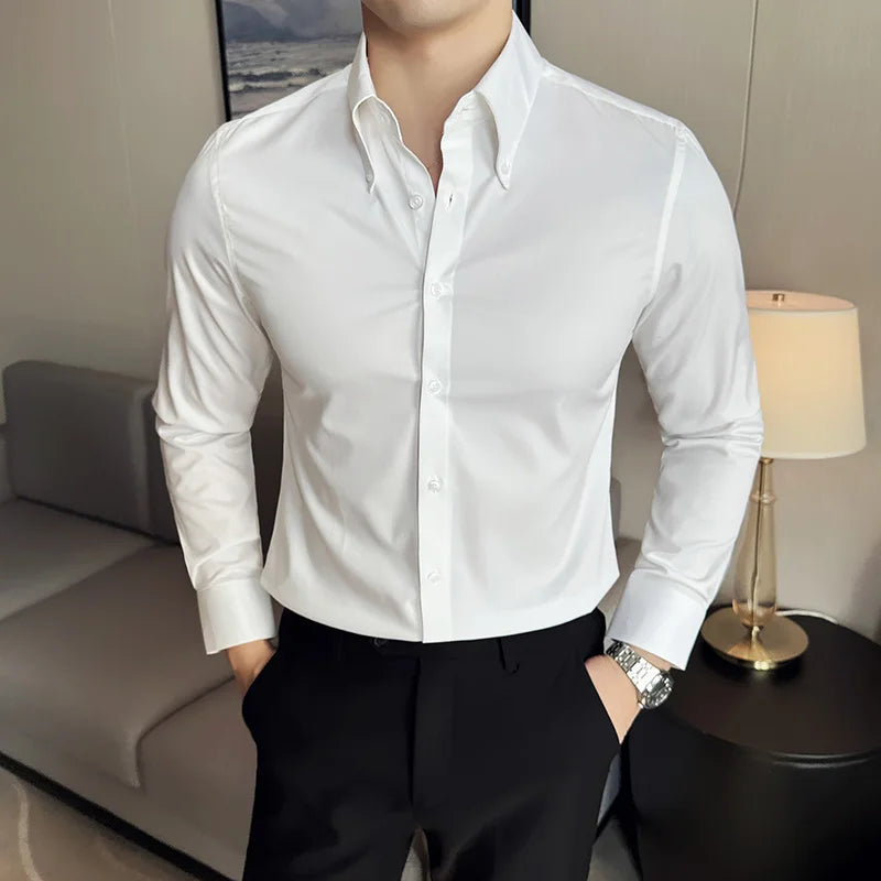High Quality Versatile Business Casual Shirt Men Korean Fashion Long Sleeved Slim Fit Shirt Office Work Uniform Men Clothing 6XL Good Vibrations