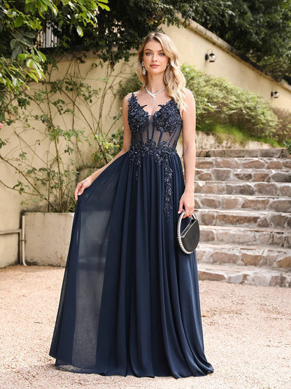 Spaghetti Straps Navy Blue A Line Evening Dresses 2025 Elegant Beaded Appliques Illusion Prom Gowns Formal Party Vestido De Gala Good Vibrations