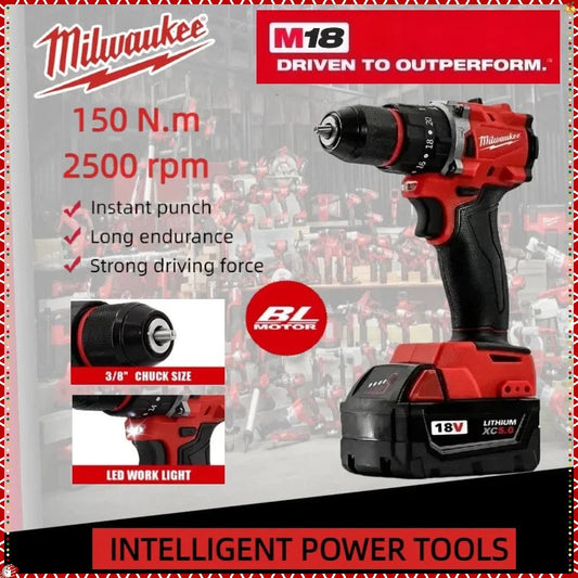 Milwaukee 150N.m Brushless Electric Drill 20+3 Torque Small Drill Cordless Impact Drill Hammer Multifunctional  Power Tools Good Vibrations