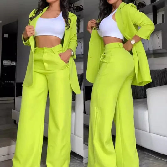 Women Pant Sets Two Piece Set Pants Turn Down Collar Single Breasted Tracksuit Outerwear Ankle Length Straight Pockets Loose Good Vibrations